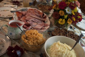 Holiday dinner on decorated table