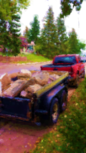 painted illustration of truck and trailer with concrete loaded